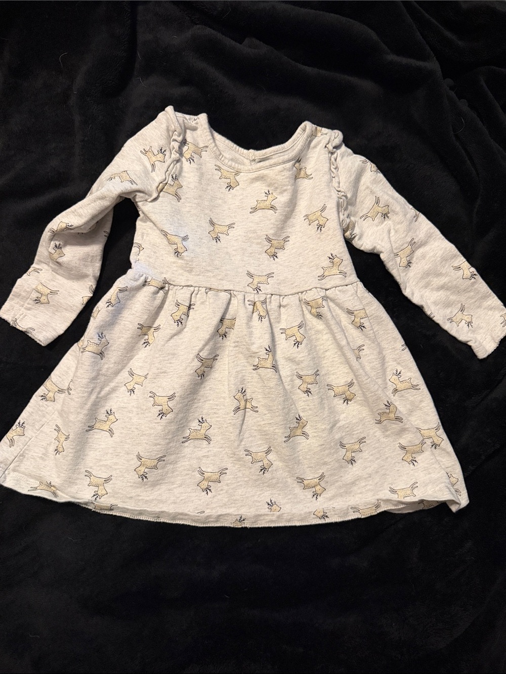 Girls' Light Gray Reindeer Print Long-Sleeve Dress